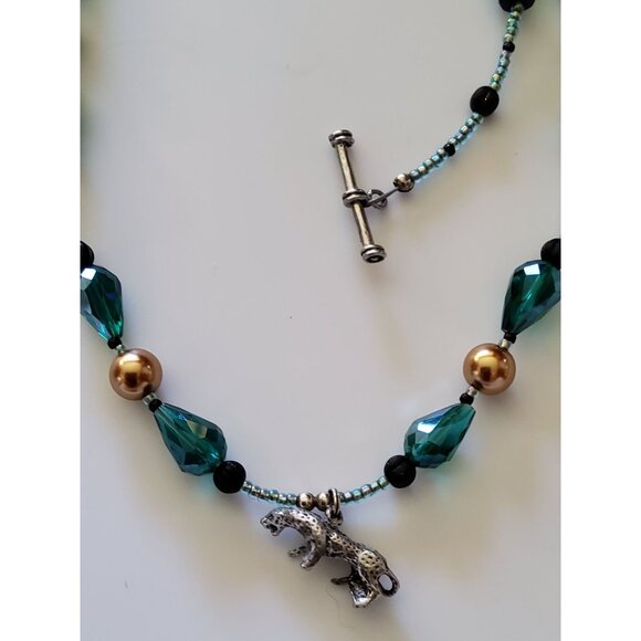 Handcrafted Beaded Necklace With Teal Glass Beads Gold Accents & Panther Charm - Picture 5 of 6